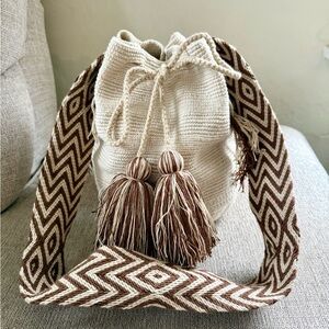 Wayuu Tribe Cream and Brown Crochet Bucket Bag with Chevron Strap